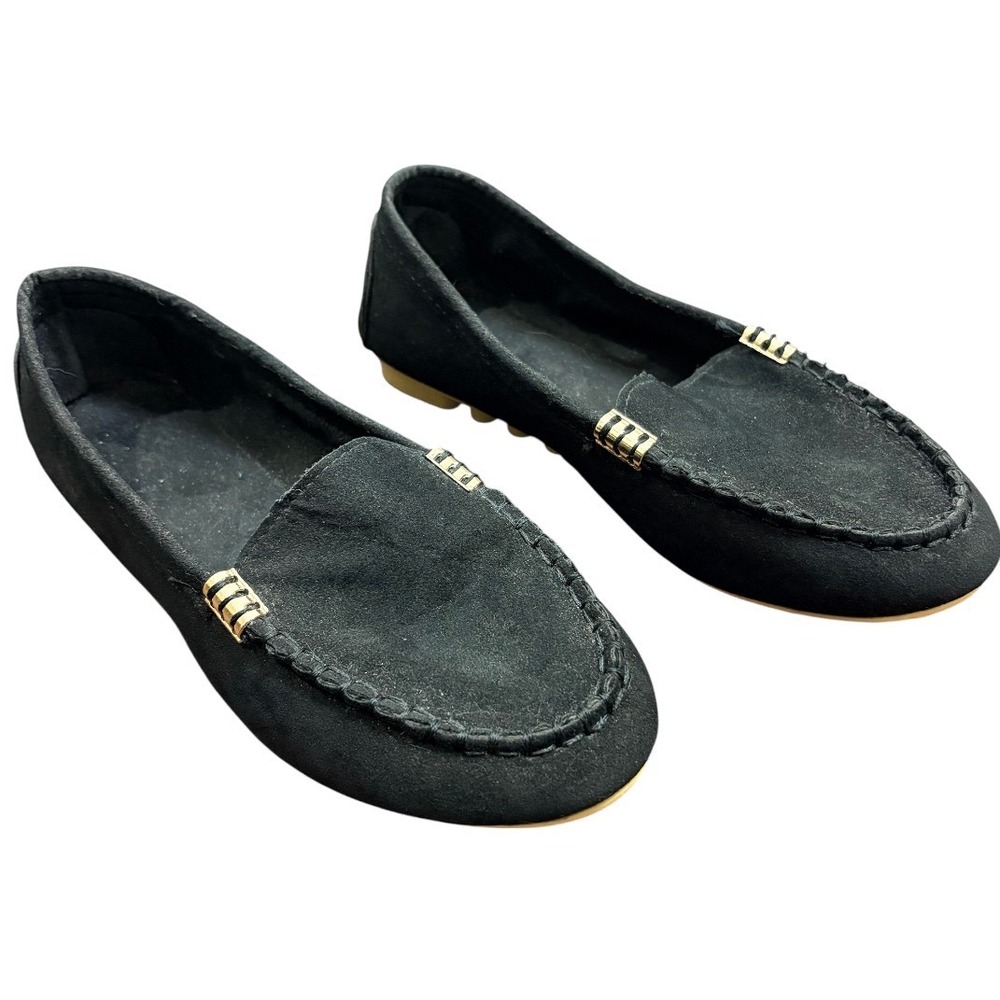XIUXIAN‎ Loafers Women Size 40 Black Faux Suede Gold Detail Slip On Flats
